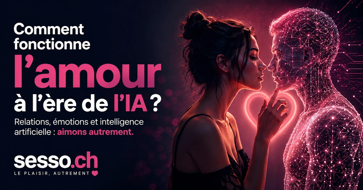 Une femme fait face à un humanoïde lumineux représentant l'intelligence artificielle, illustrant l'amour, les relations et les émotions à l'ère de l'IA.