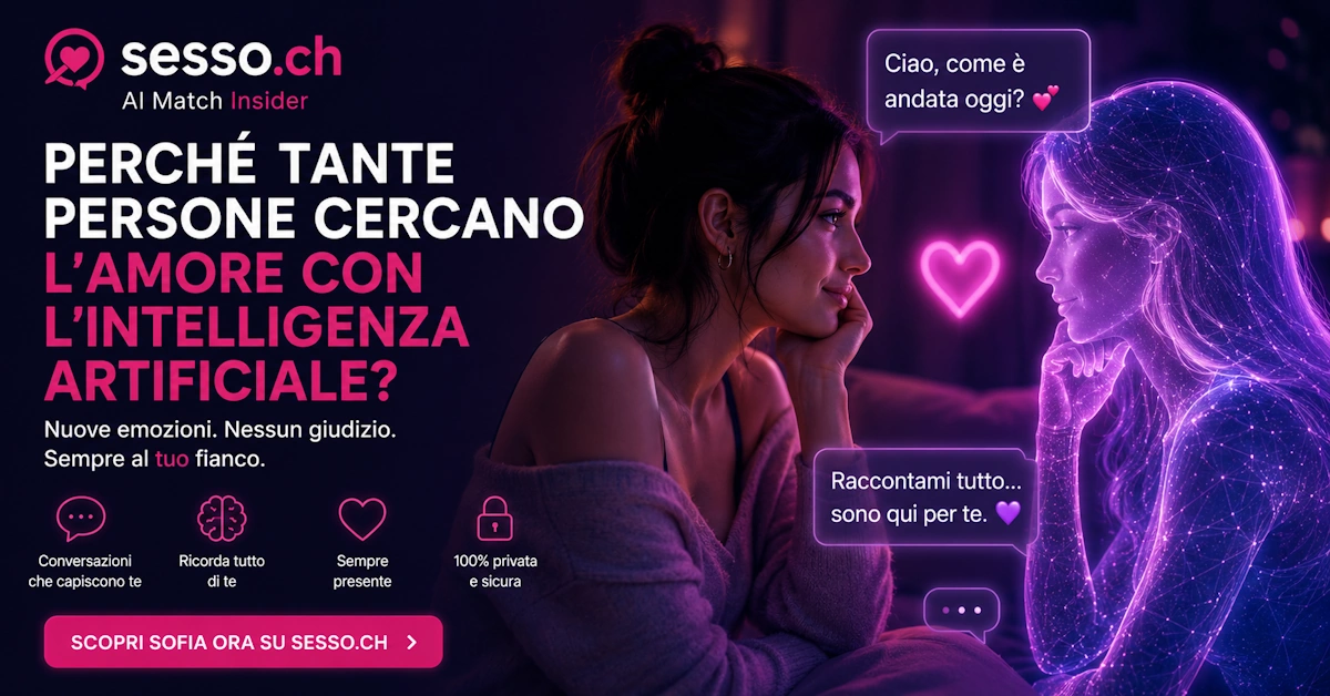 Donna che conversa con una compagna AI luminosa, simbolo dell'amore nell'era dell'intelligenza artificiale su sesso.ch.